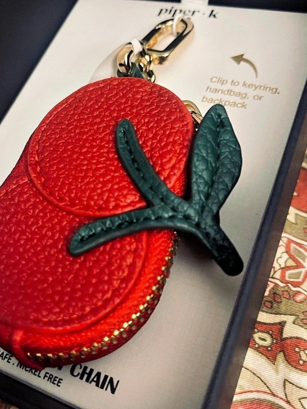 piper k Cherry Zip Bags Bag Charm & KeyChain Red & Green - Picture 2 of 3